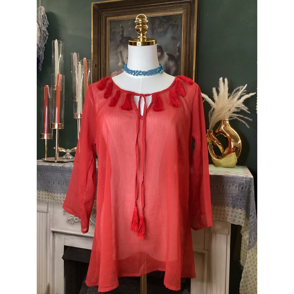 R Cinco Ranch Womens Red Tassel Sheer Tunic Top Boho‎ Peasant Blouse Medium